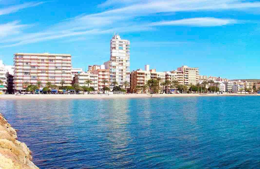 The beach and the town seen from the sea